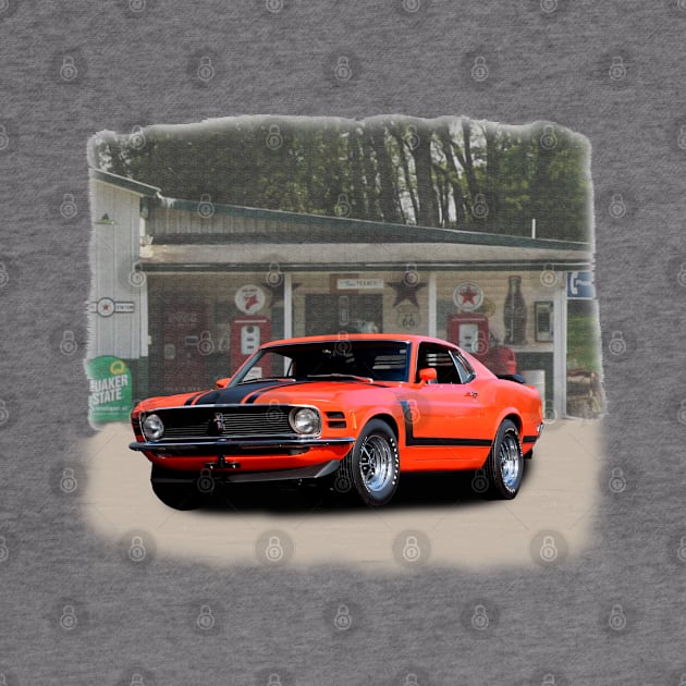 1970 Boss 302 Mustang in our filling station series on back by Permages LLC